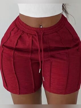 Women's Casual Drawstring/Elastic Short High-Rise Pleated Dark Red Size-XXL NIB